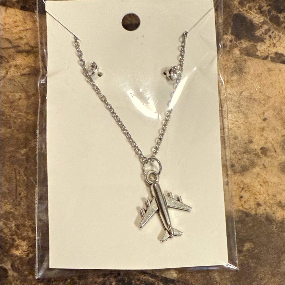 Silver Airplane Pendant Necklace & Earings set